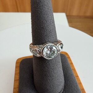 Silver Tone Three Stone Clear Bezel Set Filigree Ring Size 7 PP48